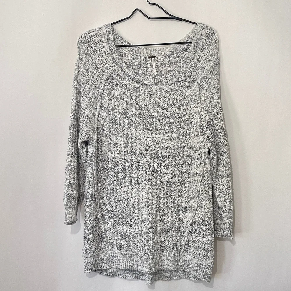 Free People Sweater Womens Medium White Gray Cable Knit Scoop Neck Pullover Top - Picture 4 of 10